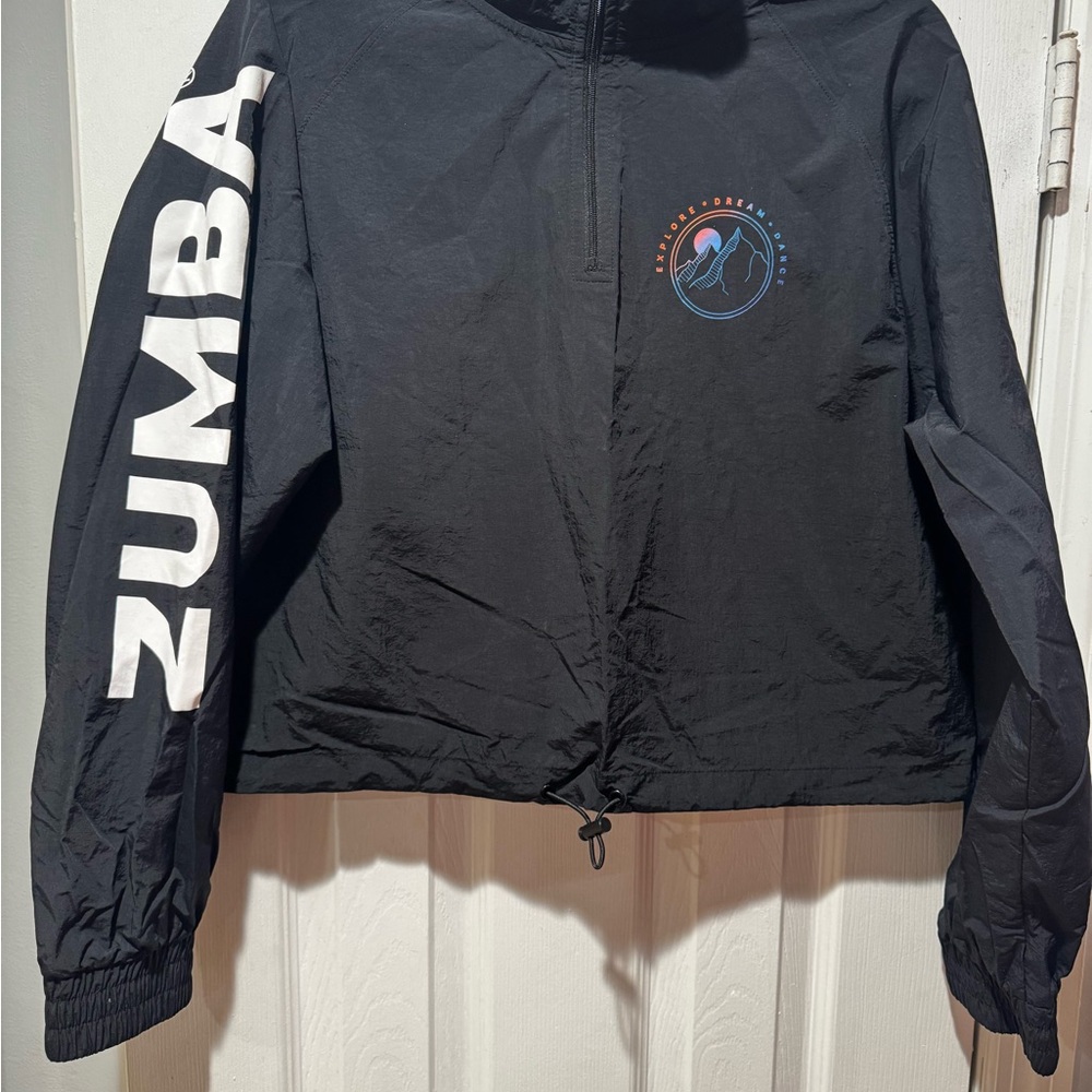 Zumba Fitness Black windbreaker with White Sleeve Logo and Blue/Pink Accent